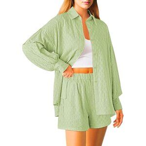 Green Cotton Button Up Shirt & Shorts Set